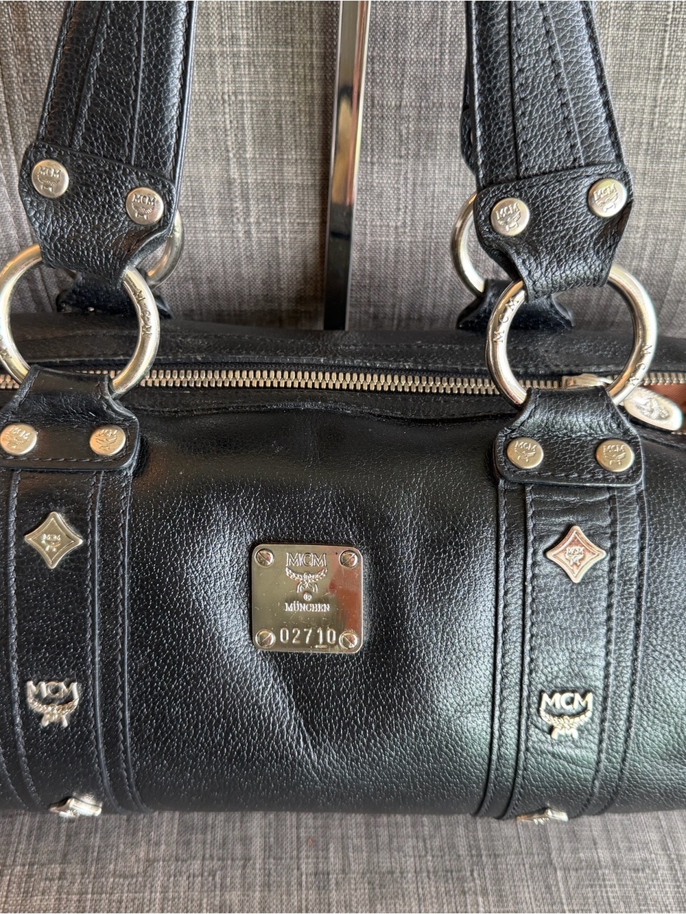 MCM Black Leather Barrel Shoulder Bag with Silver Accents - Picture 2 of 12